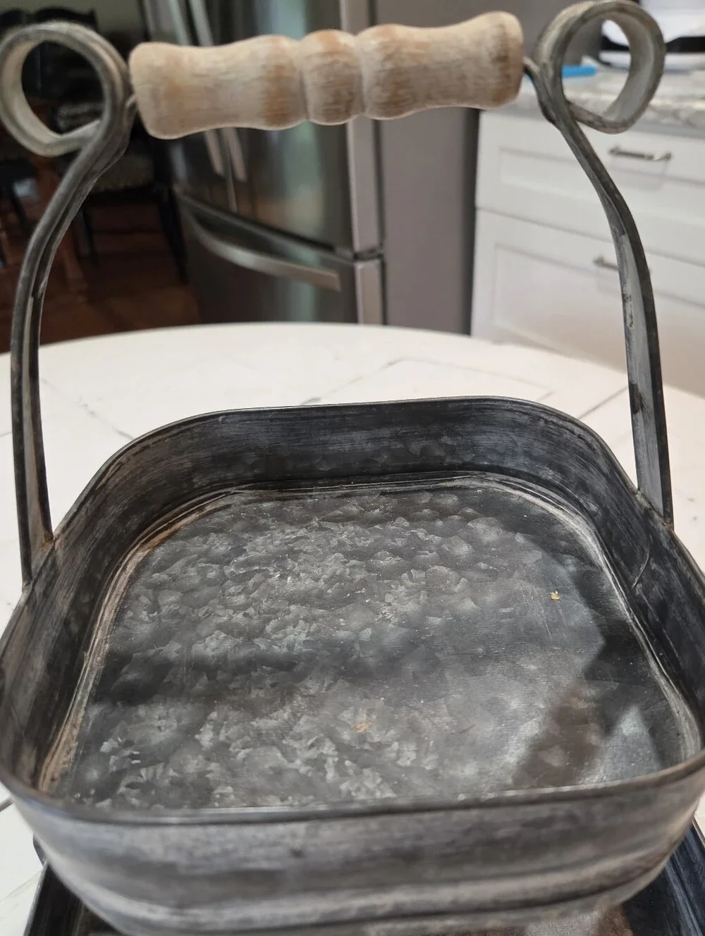 Galvanized Metal 2 Tiered Square Serving Tray Farmhouse Country Wooden Handled
